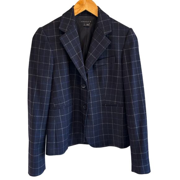 Theory Blue Plaid Wool Blend Blazer - size 0